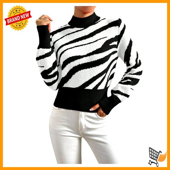 Mock Neck Pullover Sweater Knitted Long Sleeve Zebra Striped Chic Tops